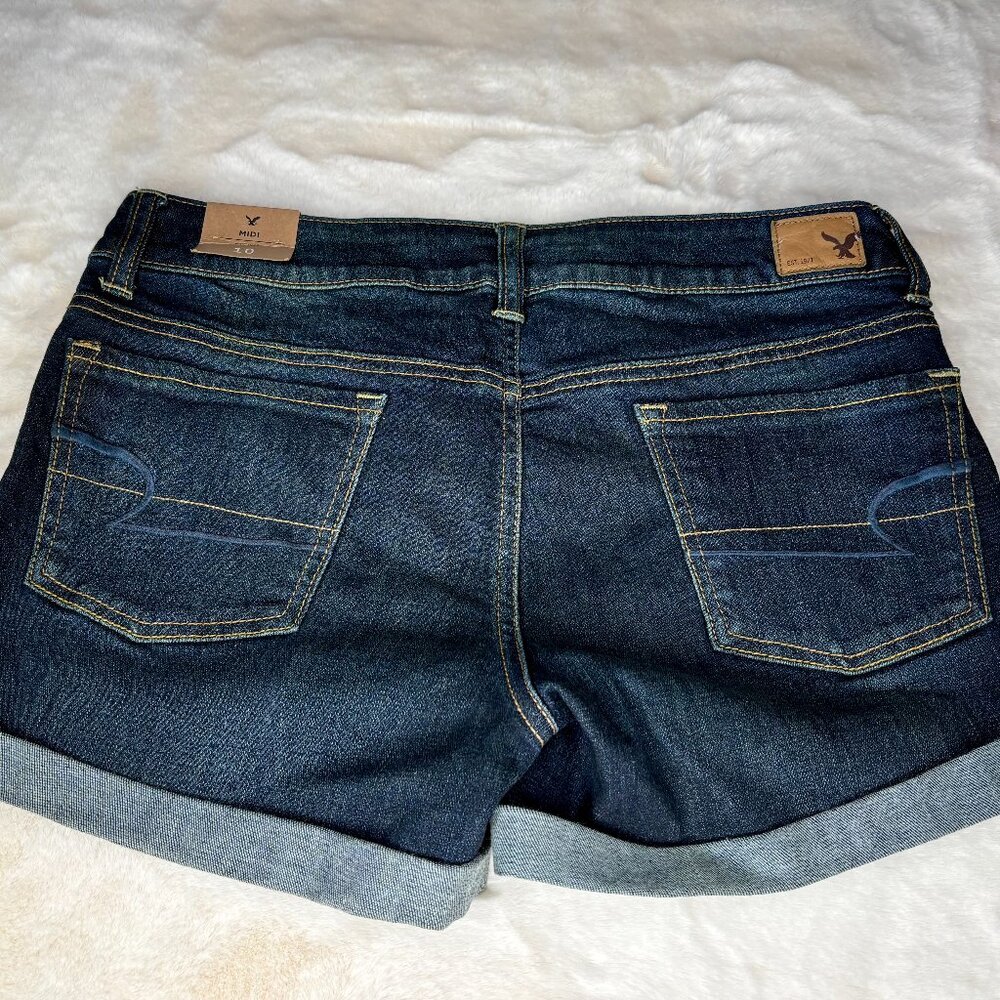 American Eagle Outfitters Women's NWT Midi Stretch Dark Wash Denim Shorts - Picture 8 of 16